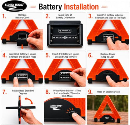 Lumen Wand 3-Pack LED Reflective Warning Triangles Kit for Road Safety, Metal Base, Internal LEDs & External Reflectors; Includes Storage Bag & 9 AAA Batteries Emergency Triangle - size: Pack of 3
