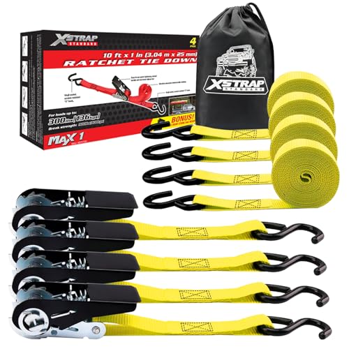 XSTRAP STANDARD Ratchet Tie Down Straps 4 Pk 10 Ft- 300 Lbs Load Cap- 900 Lbs Break Strength-Cargo Straps for UTV, ATV, Pickup,Truck, Moving Appliances, Lawn Equipment, Yellow - color: Yellow, size: 4pk 1inchx10ft