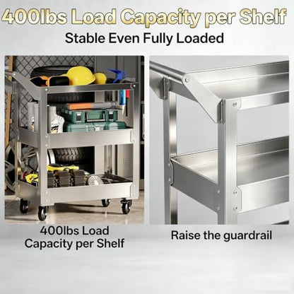 3-Tier Stainless Steel Utility Cart - 15.3” D X 27.7” W x 36.6” H,1100 lbs Heavy Duty Service Cart with Wheels for Mechanics, Garage & Repair Tool Storage.