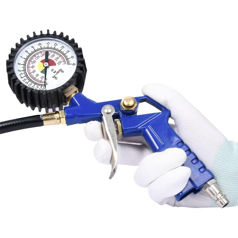 Tire Inflator with Pressure Gauge 16 Bar, 220 PSI Air Chuck with Hose and Quick Connect Plug for RV Car Motorcycle Bike