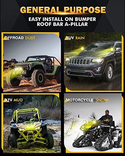 Auxbeam P4 Series Amber Round Fog Lamps 4-Inch 90W Flood Light Pods | Yellow driving lights for rain dust snow, 4x4 ATV Jeep truck motorcycle ditch lights, LED offroad light bar 2-pack - color: P4 Series Amber Flood Lights