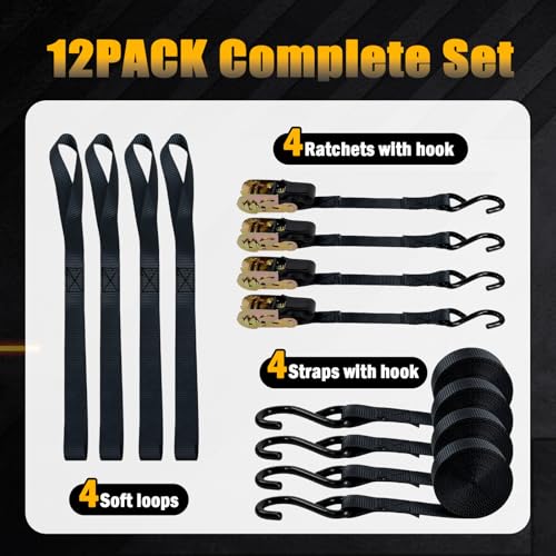 4-Pack Ratchet Straps, 15 Feet -1800 lb Break Strength Heavy Duty Ratchet Straps Retracting Tie Down Straps Set for Truck, Motorcycle, ATV, UTV, Cargo Trailer