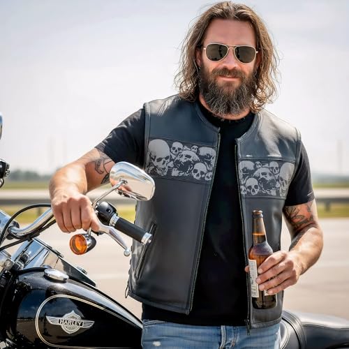 Hot Leathers Men’s Black Premium Matte Leather Ancient Skulls Conceal & Carry Motorcycle Vest - color: Vsm2003-black, size: Large