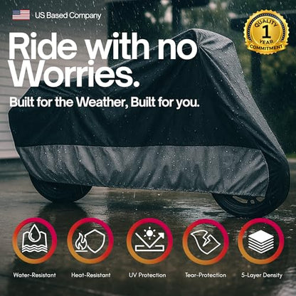 Formosa Covers Waterproof Motorcycle Cover Fits Bikes Up to 94", Heavy Duty 300D Outdoor Rain Sun Dust Protection, Soft Lined, Heat Shield, Lock Holes, Harley Honda Yamaha Kawasaki Suzuki - size: XL Motorcycle