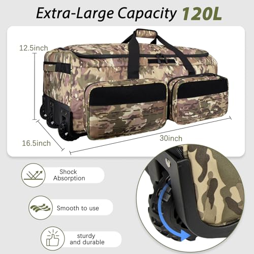 Rolling Duffle Bag with Wheels,120L Large Deployment Bag,Waterproof Military Duffle Bags for Tactical Military Deployment Camping - color: Yellow Camo