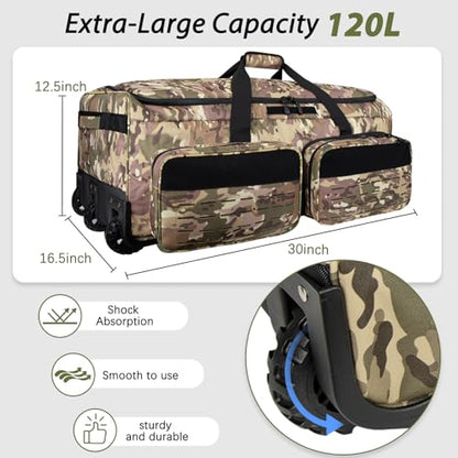 Rolling Duffle Bag with Wheels,120L Large Deployment Bag,Waterproof Military Duffle Bags for Tactical Military Deployment Camping - color: Yellow Camo