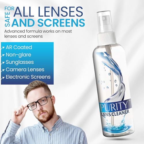 Purity Eyeglass Cleaner Mega Pack - Multi-Size Lens Cleaner Kit - 2x2oz, 3x8oz Bottles + 5 Black Premium Microfiber Cloths - Safe for All Lenses, Eyeglasses, and Screens - Streak-Free Formula - style: 10 Piece Set - 3 (8oz + 2 (2oz Lens Spray)) + 5 (Micro