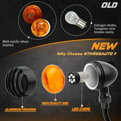 NTHREEAUTO Motorcycle Blinkers, Waterproof Aluminum Bullet LED Turn Signals, Universal Amber Indicator Light Compatible with Harley Dyna, Honda, Yahama, Bobber,Suzuki and Kawasaki 12V Motorbikes - color: Black/Amber