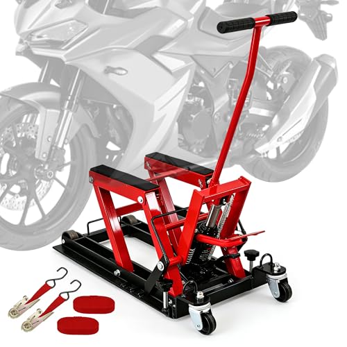 1500 Lbs Hydraulic Moto Lift, Foot-Operated, 3-Speed Lock & Belts, Red | 1500 Lbs Hydraulic Moto Lift, Foot-Operated Jack, 9.4"-14" Height, 3-Speed Lock, 2 Ratchet Belts, for ATV/UTV - color: Red