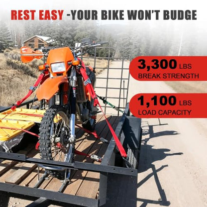 AWELCRAFT Motorcycle Tie Down Straps (2 Pack),3300lb Break Strength,1.5in x 8FT Steel Cambuckle Dirtbike Strap,Integrated Soft Loops & Double S-Hooks with Safety Clips,Lab Tested,Red - color: Red