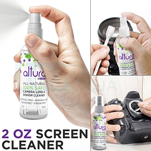 Altura Photo Camera Cleaning Kit - All Natural Lens Cleaner, Brush, Pen, Blower, Microfiber Cleaning Cloths, Tissue Wipes for Canon Nikon Sony Fuji Olympus Pentax Sigma Tamron DSLR Mirrorless Cameras - style: w/ 2oz. All Natural Cleaning Solution