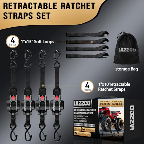 Retractable Ratchet Straps (4-Pack) - 1 Inch x 10 Ft (1800 LB Break Strength) Heavy Duty Polyester with Soft Loops & Storage Bag for Household, Motorcycle, Truck, ATV (Black) - style: Black-4 Pack