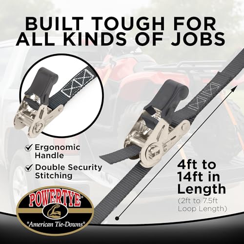 PowerTye 1in x 4ft Easy-Grip Light-Duty Endless Ratchet (no Hooks) - 400 lb. Working Load Limit / 1,200 lb. Breaking Strength - Black 2-Pack - color: Black, size: 1in x 4ft