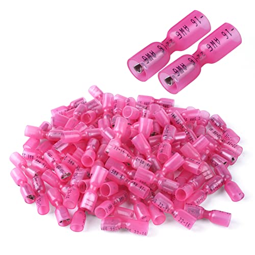 100 PCS 22-16 AWG Waterproof Heat Shrink Quick Disconnect Connectors, Crimp Electrical Wire Female Spade Connectors Insulated Disconnect for Marine Automotive Motorcycle Home Wiring (Red) - size: [22-16 AWG] Female x 100