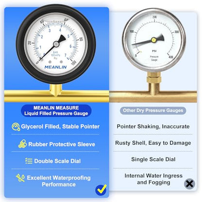 MEANLIN MEASURE 0~100Psi Stainless Steel 1/4" NPT 2.5" FACE DIAL,Liquid Filled Pressure Gauge, Center Back Mount (with Rubber Protective Sleeve), with 1/2" NPT and 3/8" NPT Hex Bushing - size: 0-100Psi