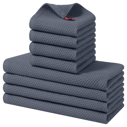 Homaxy 100% Cotton Kitchen Towels and Dishcloths Set, 12 x 12 Inches and 13 x 28 Inches, Set of 8 Bulk Kitchen Towels Set, Ultra Soft Absorbent Dish Cloths for Washing Dishes, Dark Grey - color: Dark Grey, style: 8-Piece Set