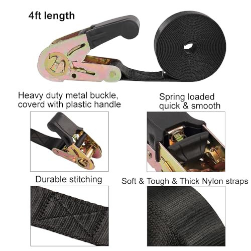 Endless Ratchet Tie Down Straps Heavy Duty Cargo Tie Downs,4FT Sturdy Nylon Black Strap Down Ratcheting Securing Straps, Track Spring Fittings, Tie-Down Motorcycles, Trailer Loads, Kayak （4ft x 2pcs） - size: 1"x4'-2pcs black