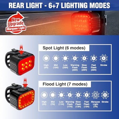 WORKPRO Bike Lights Set [8+13 Modes], Rechargeable Bicycle Light Set Ultra Bright, IP65 Waterproof Bike Lights for Night Riding, 1200mAh Bike Headlight and Tail Light Reflectors - color: Black+Black