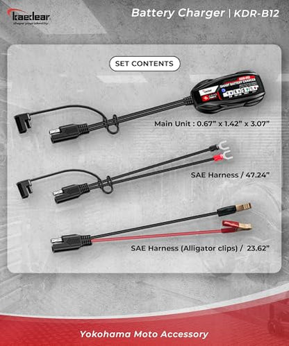 KAEDEAR Motorcycle Smart Battery Charger, USB Input, Mobile Battery Compatible, 12V, 2A, Maintenance Charging Function, Prevent Battery Damages, Perfect for Winter Storage, No Outlet Needed, KDR-B12