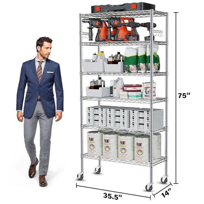 YNN Storage Shelves,6000Lbs 6 Tier Heavy Duty Metal Rolling Shelving Unit with Wheels & 8 Hooks, Adjustable Garage Wire Rack for Kitchen, Bathroom,Industrial,Pantry(36" W x 14" D x 72" H, Chrome) - size: 36"x14"x72" 6-Tier