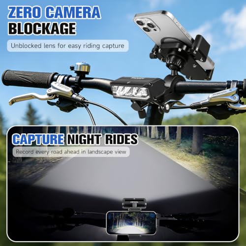 2026 NEW Bike Phone Holder, 2-in-1 Detachable Bike Light & Motorcycle Phone Mount Holder, IPX5 Rechargeable Bicycle Headlight, Adjustable for iPhone 17 16 15 Pro Max, Galaxy and 4-6.5" Phone