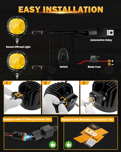 Auxbeam 4In 90W Amber Round Led Offroad Lights 2PCS 9000LM Amber Fog Super Bright Driving Light with Wiring Harness Kit Spot Beam Pod Light for Truck SUV ATV UTV Jeep Wrangler Motorcycle - color: Amber Spot Offroad Lights
