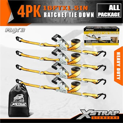 XSTRAP STANDARD 4 Pack 1.5" x 16' Ratchet Straps Double J Hook - 1,100 lb Capacity, 3,300 lb Break Strength, Heavy Duty Tie Down Straps for Truck, Motorcycle & Cargo Hauling - style: 4pk 1.5'' x 16' 3300lbs yellow