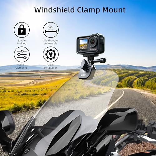 Motorcycle Windshield Clip Mount for Action Camera, Aluminum Motorbike Windshield Clamp for Insta360 X3/X4/X5, GoPro 9/10/11/12/13, DJI Osmo Action 3/4/5/6, Osmo Pocket 3/360/ Nano Accessories