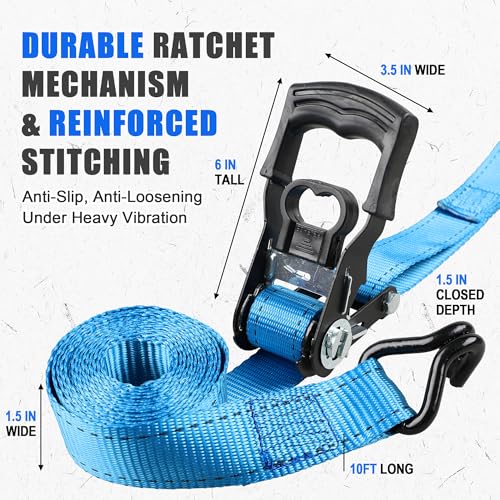 AWELCRAFT Ratchet Straps(4 Pack),3300lb Breaking Strength,1.5in×10ft Heavy Duty Tie Down Ratcheting with Padded Handles,Double J Hooks & 4 Soft Loops for Trailer,Trucks,Motorcycle(Blue) - color: Blue