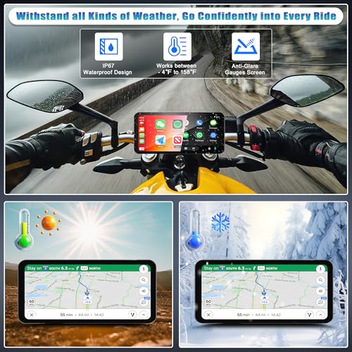 Motorcycle Screen Head Unit, 6.3" Motorbike Smart HD Display Navigator with Wireless CarPlay Android Auto IP67 Waterproof Bluetooth Voice Assistant Auto Light Sensing OTA Updates Mounting Kits