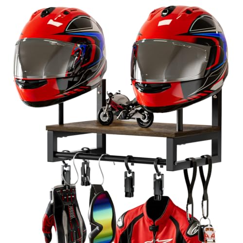 Cyfie Motorcycle Helmet Holder Wall Mounted, Rust-proof Helmet Rack with 4 Glove Chips and 4 Hooks, Motor Gear Accessories Display Rack Stand, Universal Helmets Storage Organizer Shelf, Retro - color: Retro