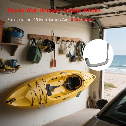 Garage Hooks 6 Pack 15" Stainless Steel, 100LB Heavy Duty Kayak Storage Rack Kayak Wall Mount, Kayak Hanger & Kayak Storage Hooks for Kayak/Bike/Ladder with EVA Anti-Scratch Pads Indoor Organizer