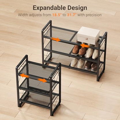 ELYKEN Shoe Rack, 3-Tier Expandable Shoe Organizer for Entryway, Metal Black Shoe Shelf with 4 Hooks, Ajustable Shoe Stand Holder for Closet, Garage, Door Entrance - size: 3-Tier
