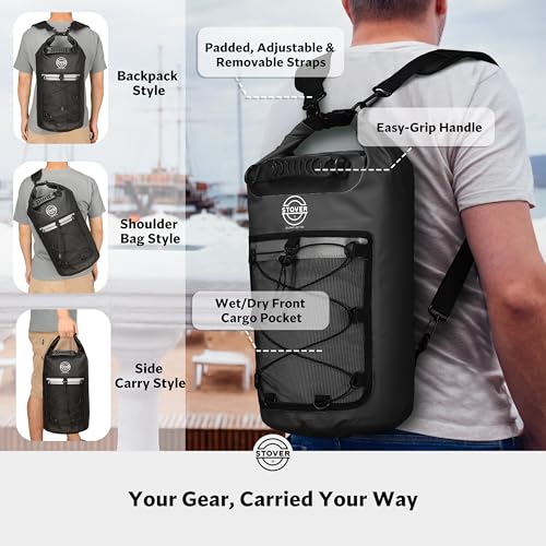 STOVER 5/10/25/30/40/55L Waterproof Dry Bag- Roll-Top Backpack w/Phone Case- Kayaking, Hiking, Camping, Boating- Men/Women - color: 30l Black (With Phone Case), size: 30L