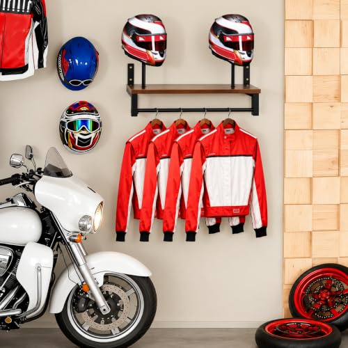 Motorcycle Helmet Holder Wall Mount, 2 Helmet Stands with Gear Rail and 4 Detachable Clips, Wood and Metal Helmet Rack, 16.14 x 10.24 x 13.38 in, Includes Storage Bag and Hardware