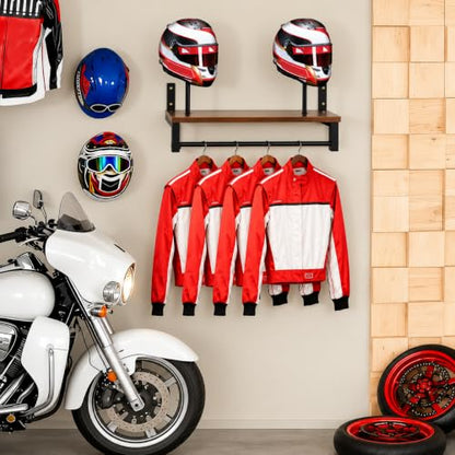 Motorcycle Helmet Holder Wall Mount, 2 Helmet Stands with Gear Rail and 4 Detachable Clips, Wood and Metal Helmet Rack, 16.14 x 10.24 x 13.38 in, Includes Storage Bag and Hardware