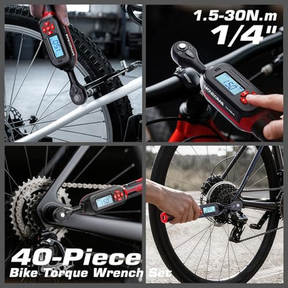 40-Piece 1/4-Inch Drive Electronic Torque Wrench Set, 1-22 Ft.lb (1.5-30 N.m), with Buzzer & LED Indicator, Bits & Sockets for Bicycle, Motorcycle, Lug Nut Maintenance - size: 1/4" 40pcs-Bike 1.5-30N.m/1-22Ft.lb