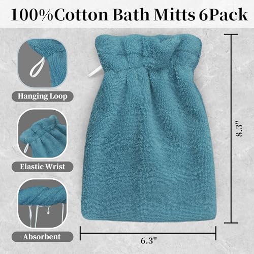 VOOVA & MOVAS 6-Pack Shower Wash Cloth, 100% Cotton Soft Absorbent Bath Mitts with Hanging Loop, 8.3x6.3 Inch European Style Bathing Gloves for Body & Spa, Aqua Blue - color: Aqua Blue