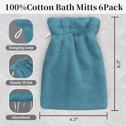 VOOVA & MOVAS 6-Pack Shower Wash Cloth, 100% Cotton Soft Absorbent Bath Mitts with Hanging Loop, 8.3x6.3 Inch European Style Bathing Gloves for Body & Spa, Aqua Blue - color: Aqua Blue