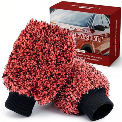 TAKAVU Car Wash Mitt Scratch Free, 2 Pack Microfiber Wash Mitts for Auto Detailing, Soft Lint Free Cleaning Gloves, Holds Sudsy Water, Machine Washable (Red & Black) - color: Red