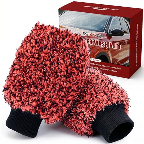 TAKAVU Car Wash Mitt Scratch Free, 2 Pack Microfiber Wash Mitts for Auto Detailing, Soft Lint Free Cleaning Gloves, Holds Sudsy Water, Machine Washable (Red & Black) - color: Red