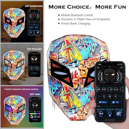 Ruconla LED Backpack Laptop Bag Motorcycle Riding bag, Hard Shell LED Motorbike Luggage Bags High-Capacity Helmet, Waterproof Backpack With Programmable Screen[Battery not included] - color: Graffiti