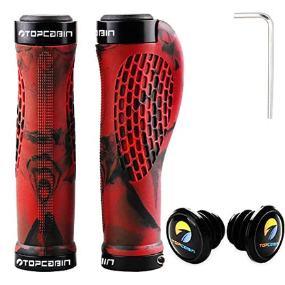 TOPCABIN Ergonomic Bike Grips - Widen Holding Rubber Grips with Aluminum LockGrips for Mountain & Road Bikes - color: Rubber Red (1 Pair)