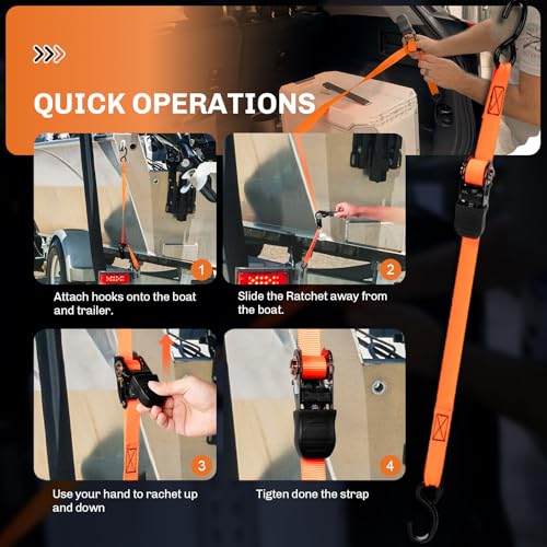 WELLUCK Boat Trailer Transom Tie Down Straps 2400 LBS, 1 Inch x 4 FT Heavy Duty Retractable Ratchet Straps Tie Downs to Trailer Marine Jet Ski Pontoon, with Quick Release Buckle & Anti-Scratch Hooks