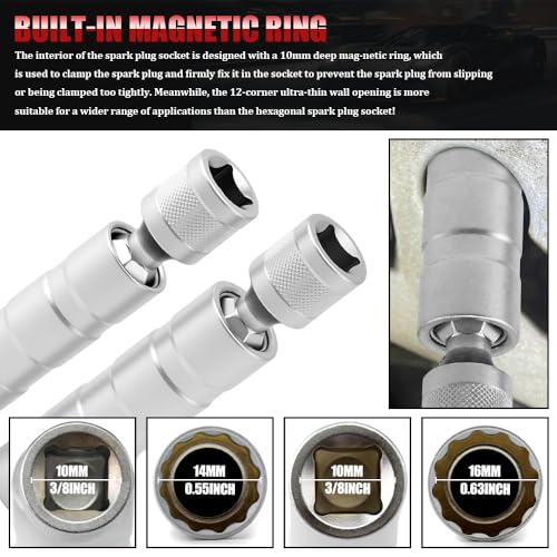 2PCS Spark Plug Socket, 14mm & 16mm Magnetic Swivel Spark Plug Socket, Thin Wall 12 Points 3/8" Drive Spark Plug Removal Tool with 360-degree Rotation, Compatible with Motorcycle, Car, SUV