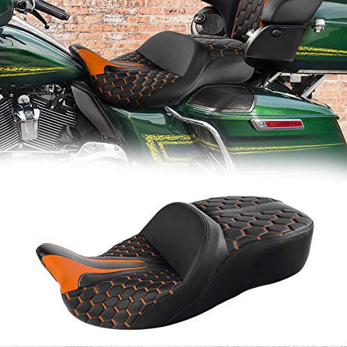 C.C. RIDER Soft Motorcycle Passenger Seat - Bagger Comb Strapped 2-Up One-Piece Fit for Harley Touring Road King FLHR Street Glide FLHX Road Glide FLTRX Electra Glide FLHT 2009-2023 - color: Black+Orange