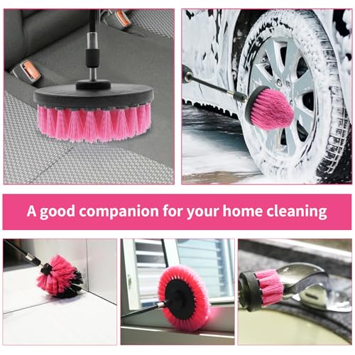 8 Pcs Drill Brush Attachment Set, Power Cleaning Scrub Brush Kit with Extend Long Attachment, All Purpose Drill Scrub Brushes for Car, Grout, Floor, Tub, Bathroom and Kitchen (Pink) - color: Pink