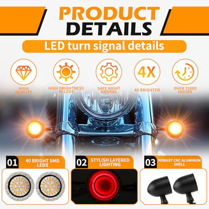 DREAMIZER Motorcycle Led Turn Signal Lights 2pcs,Bullet Blinker Motorcycle Front Rear Brake Light Universal Compatible with Harley Honda Suzuki Triumph Yamaha Bobber Cafe Racer Chopper - color: A-Rear/Black shell + yellow-red light