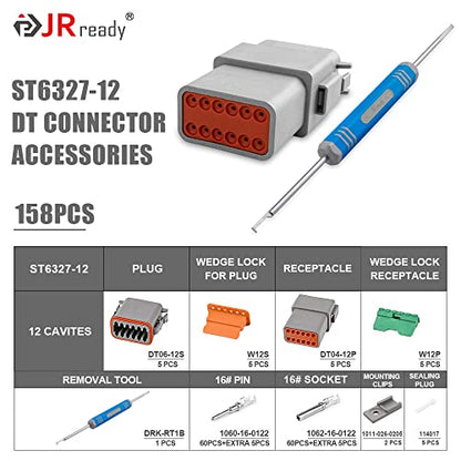 JRready ST6327-12 Deutsch 12 Pin DT Connector Kit, Gray Waterproof DT Connectors 12 Pin(5 Set), Size 16 Stamped Contacts for Truck, Motorcycle, Off-Road Vehicles, Marine, Extreme Sports - size: 12-Pin (5 Pairs)