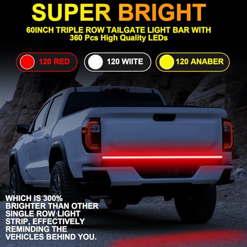 YUGUANG 48”/49” Tailgate Light Bar, Triple Row LED Tailgate Light Strip with Red Running Brake White Reverse Lights Amber Sequential Turning Signals Strobe Lights - size: 48 Inch Red White Amber